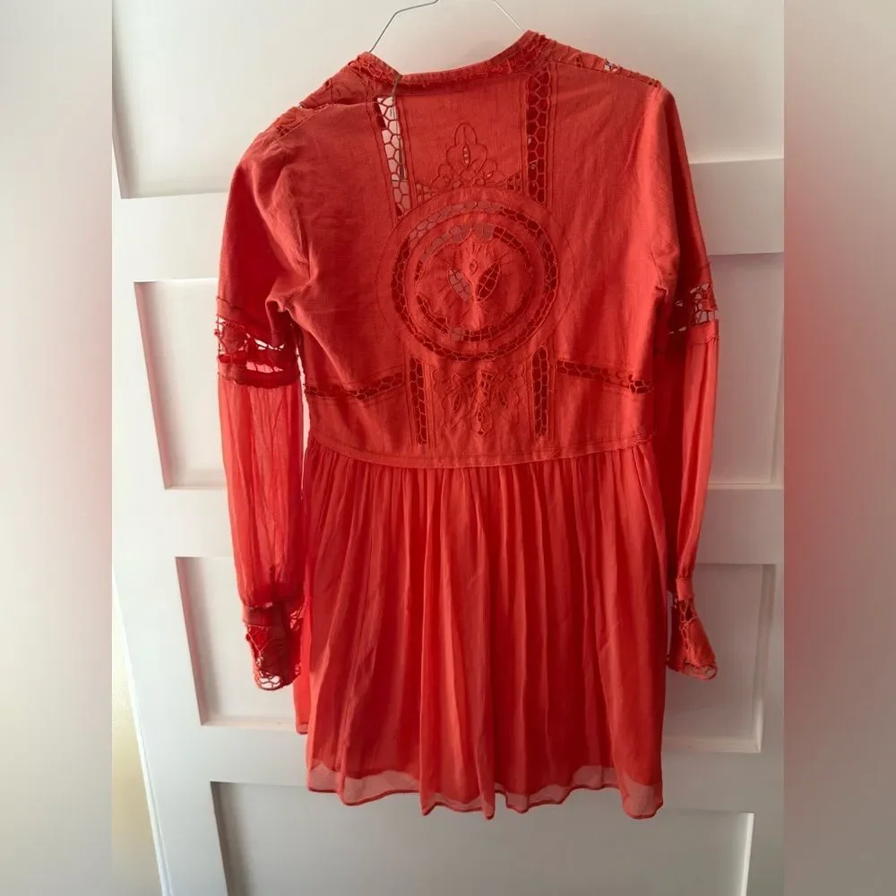 Free People Oceanside Crochet Coral Long-Sleeve Lace-Back Dress